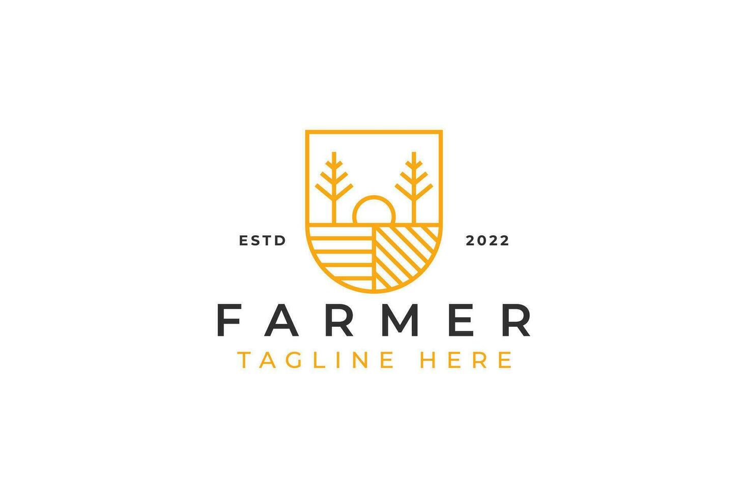 Dorf Logo Illustration von Bauernhof Feld, Sonnenaufgang und Baum auf Schild Form. Jahrgang Stil Logo Abzeichen. vektor