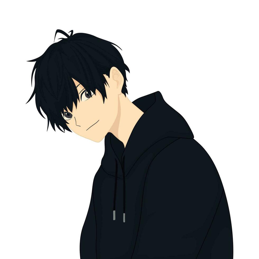 anime pojke med svart hår och luvtröja, Häftigt anime karaktär. vektor illustration.