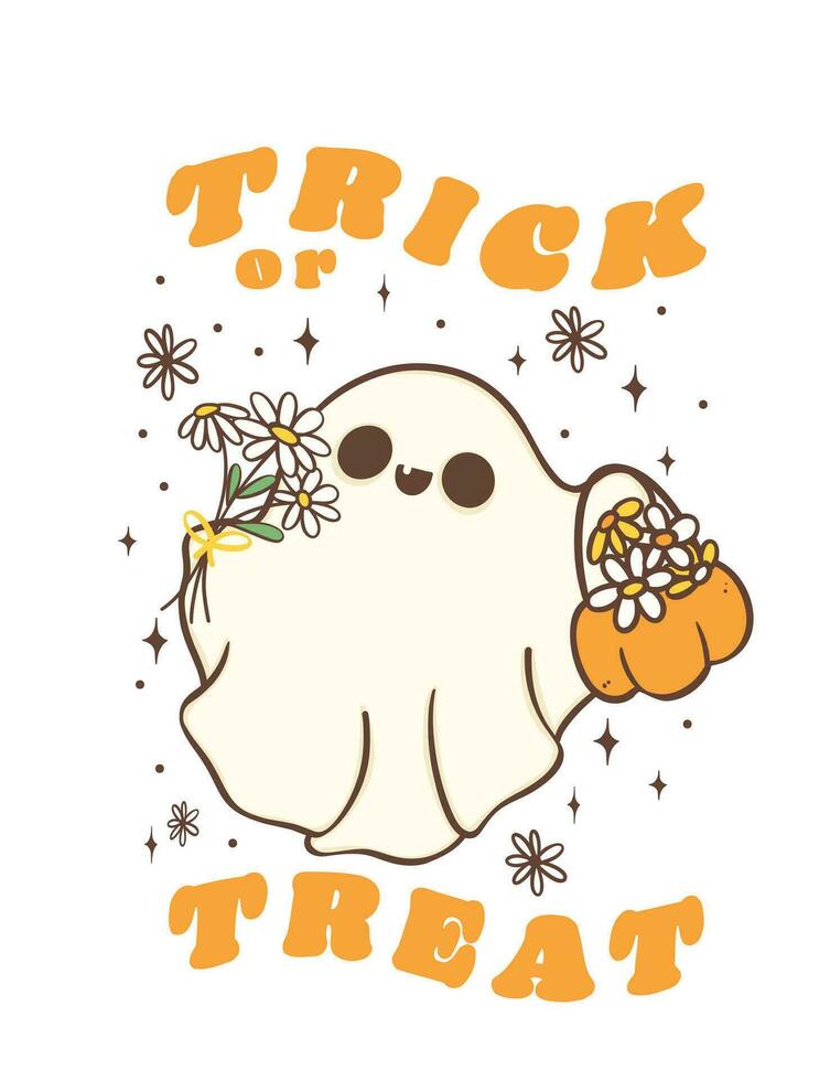 söt halloween spöke med daisy blomma, söt retro blommig läskigt spöke, lura eller behandla, tecknad serie klotter översikt teckning illustration aning för hälsning kort, t skjorta design och hantverk. vektor