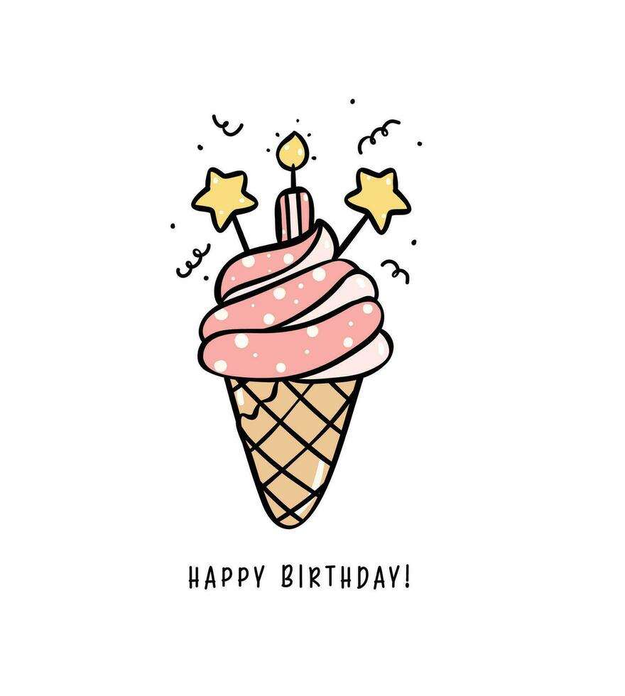 süß Rosa Geburtstag Kuchen Eis Sahne Waffel mit Kerzen minimal Gekritzel, feiern Party mit süß Kuchen Illustration Hand Zeichnung perfekt zum Gruß Karten. vektor