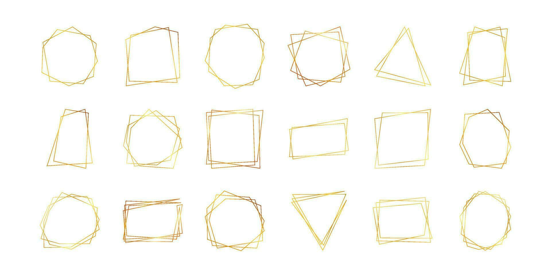 uppsättning av arton guld geometrisk polygonal ramar med lysande effekter isolerat på vit bakgrund. tömma lysande konst deco bakgrund. vektor illustration.