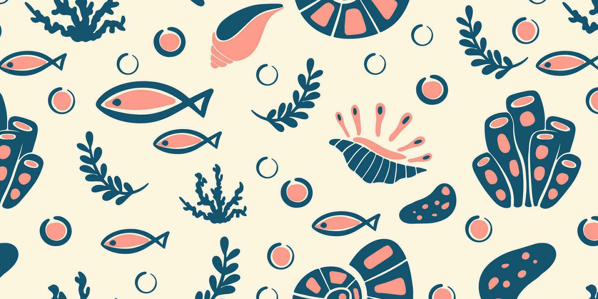 Marine Elemente von das unter Wasser Welt, Muscheln, Korallen, Fisch, Algen, Blasen, Vektor Illustration im eben Stil, Minimalismus