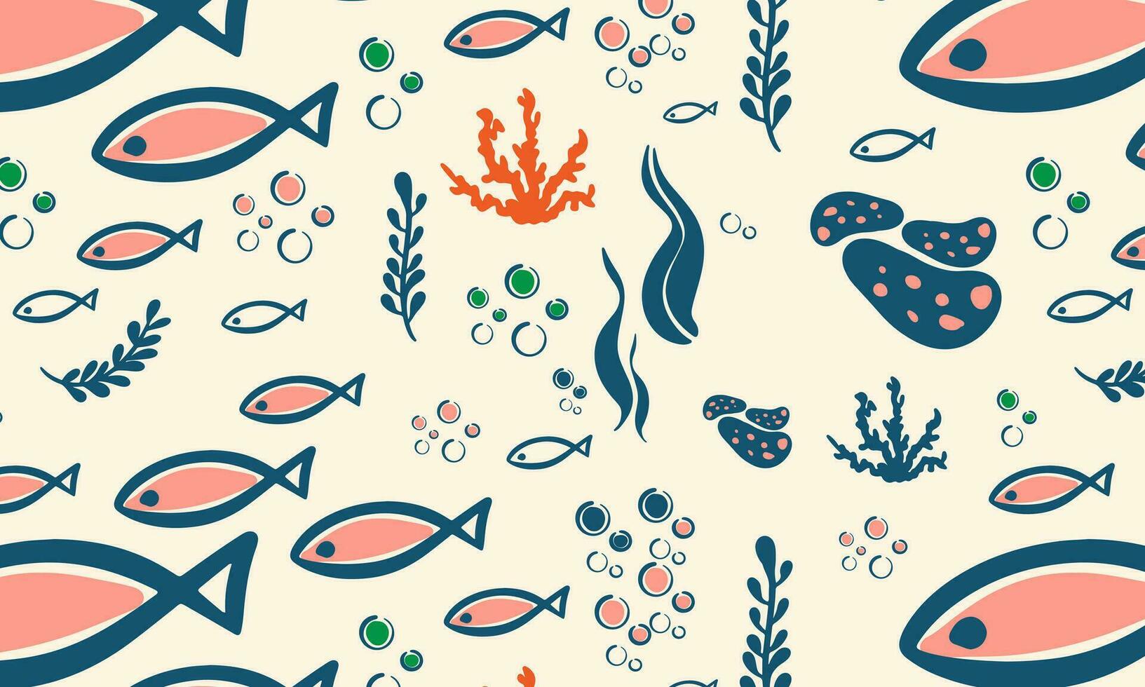 marin element av de under vattnet värld, skal, koraller, fisk, alger, bubblor, vektor illustration i platt stil, minimalism