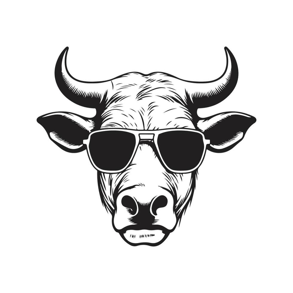 Zebu tragen Sonnenbrille, Jahrgang Logo Linie Kunst Konzept schwarz und Weiß Farbe, Hand gezeichnet Illustration vektor