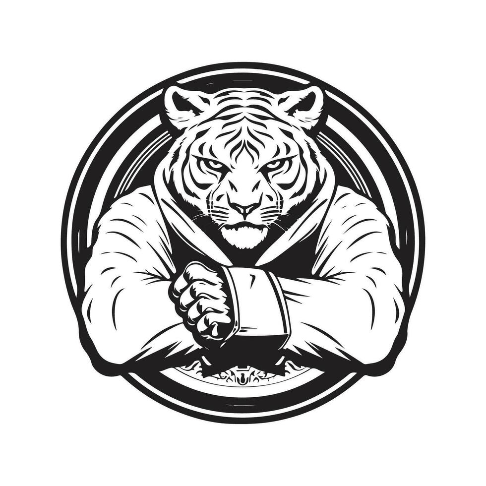 tiger kämpe, årgång logotyp linje konst begrepp svart och vit Färg, hand dragen illustration vektor