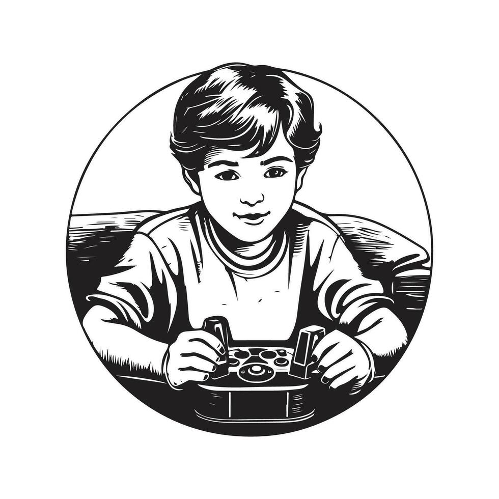 pojke spelar spel, årgång logotyp linje konst begrepp svart och vit Färg, hand dragen illustration vektor