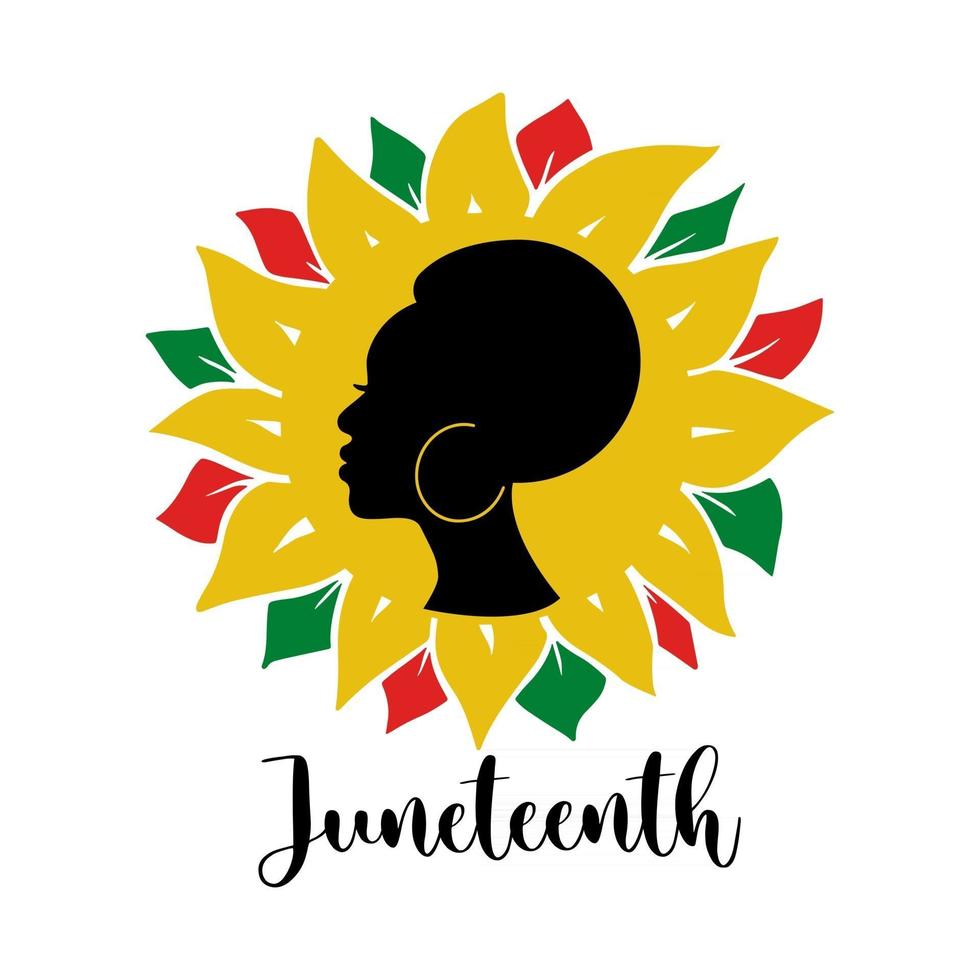 juneteenth-Zitat mit afrikanischer Frau und bunter Sonnenblume lokalisiert auf weißem Hintergrund. flache Vektorgrafik. Design für Banner, Poster, Grußkarten, Flyer vektor