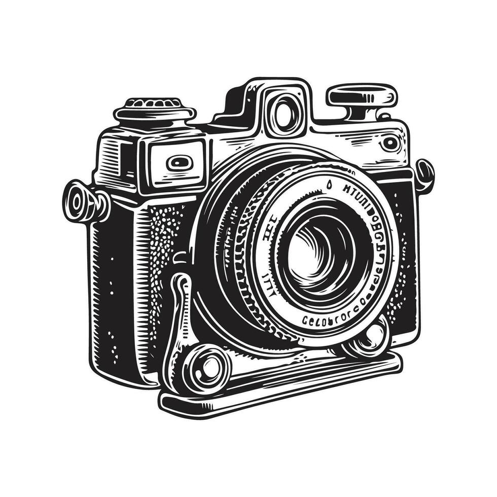 kamera, årgång logotyp linje konst begrepp svart och vit Färg, hand dragen illustration vektor