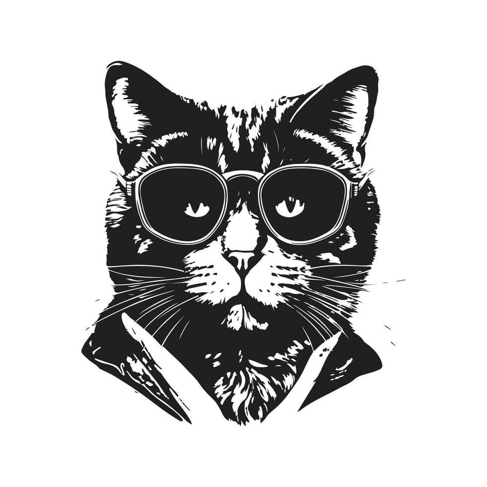 britisch Katze mit Sonnenbrille, Jahrgang Logo Linie Kunst Konzept schwarz und Weiß Farbe, Hand gezeichnet Illustration vektor