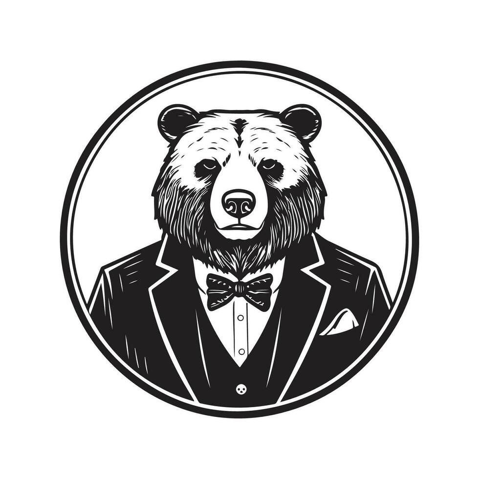 Grizzly Bär tragen Anzug, Jahrgang Logo Linie Kunst Konzept schwarz und Weiß Farbe, Hand gezeichnet Illustration vektor