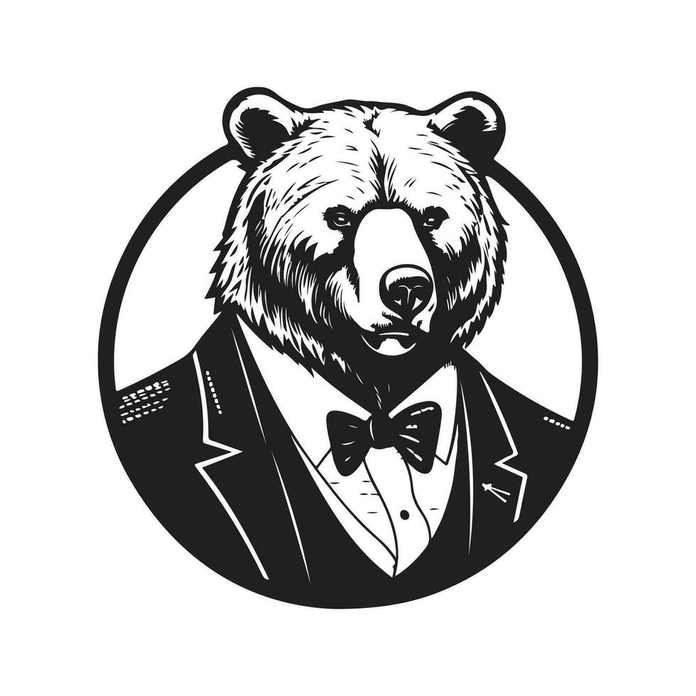 grizzly Björn bär kostym, årgång logotyp linje konst begrepp svart och vit Färg, hand dragen illustration vektor