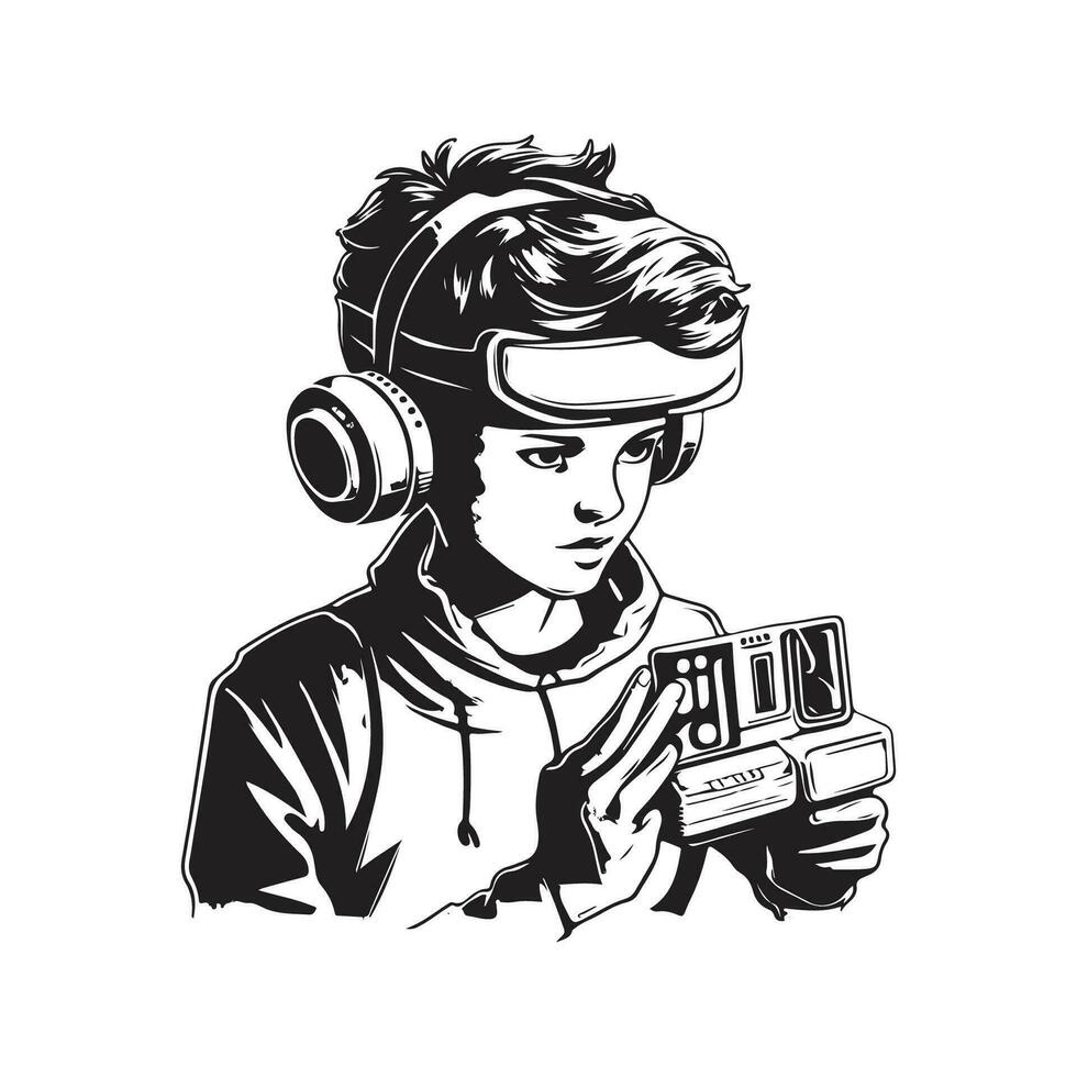Junge spielen Spiel, Jahrgang Logo Linie Kunst Konzept schwarz und Weiß Farbe, Hand gezeichnet Illustration vektor