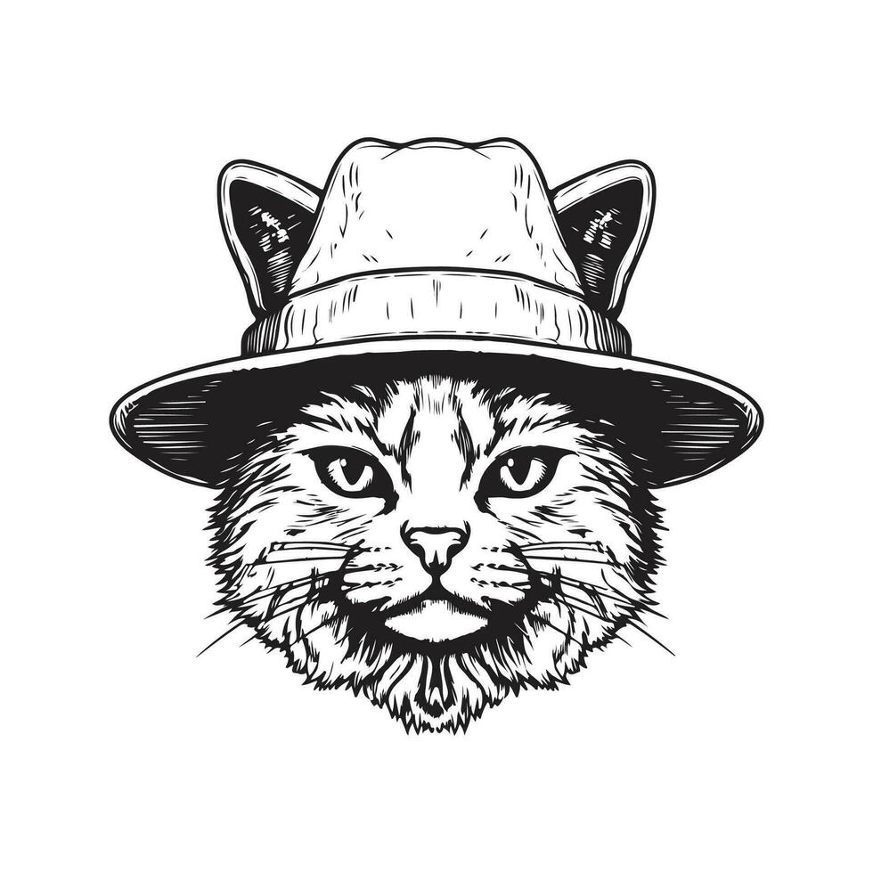 Katze mit Eimer Hut, Jahrgang Logo Linie Kunst Konzept schwarz und Weiß Farbe, Hand gezeichnet Illustration vektor