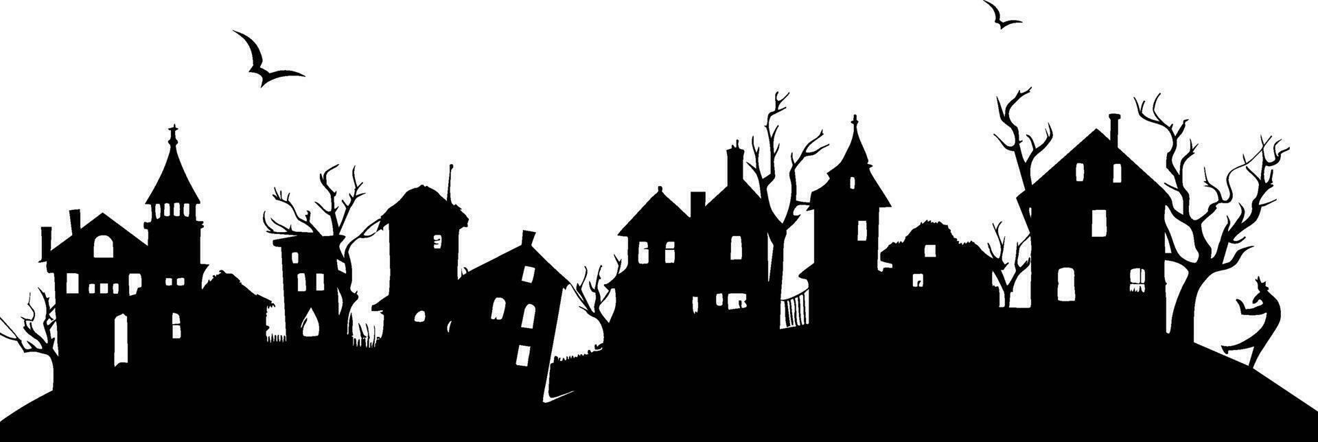 klein Karikatur Stadt, Dorf Silhouette Häuser Bäume schwarz und Weiß. Vektor Illustration mit Fee Stadt, Dorf Silhouette. Halloween Dorfbewohner Silhouette Vektor Illustration.