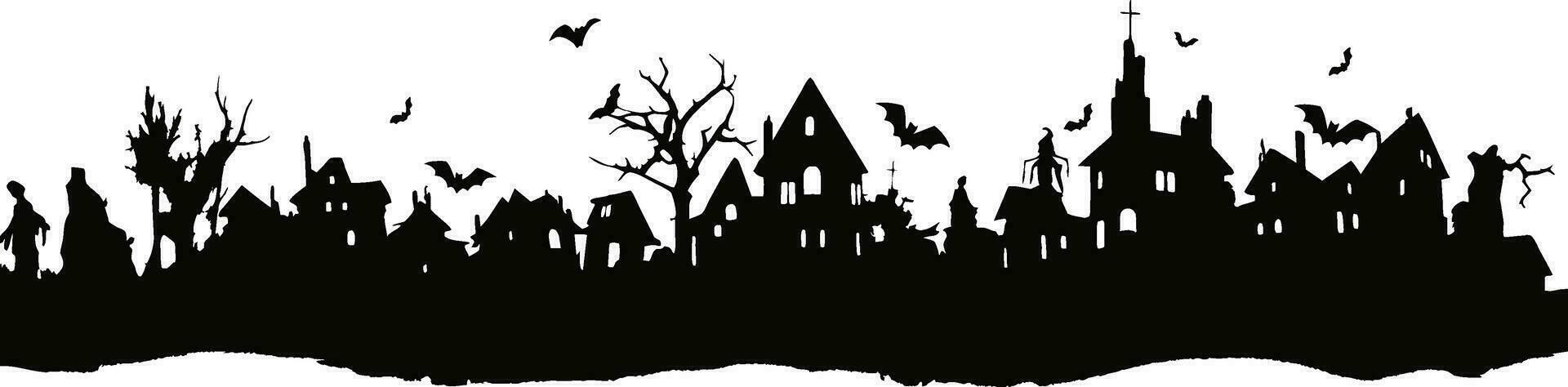 Halloween Häuser und Bäume auf Weiß Hintergrund von schwarz Silhouetten Stil. verfolgt Häuser oder gespenstisch Dorf zum Hintergrund, Banner und Header. Vektor Illustration zum Halloween Konzept