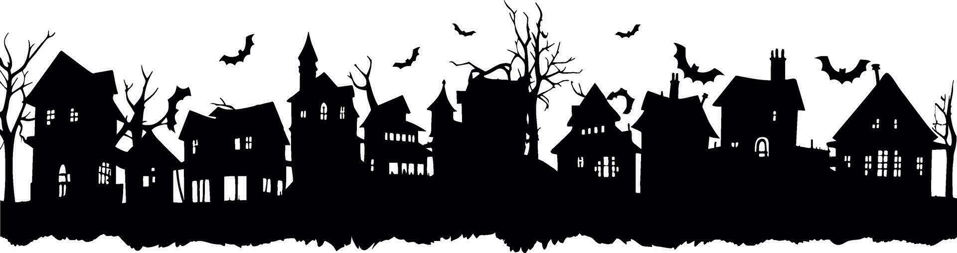 Halloween Häuser. gruselig Dorf. schwarz Silhouetten von Häuser und Bäume auf ein Weiß Hintergrund. Vektor Illustration.