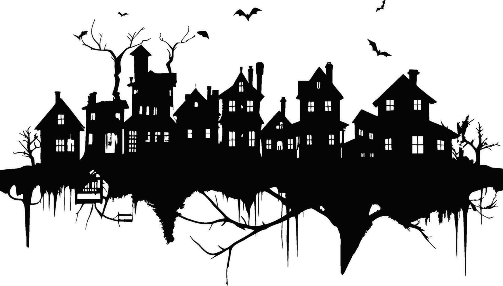 klein Karikatur Stadt, Dorf Silhouette Häuser Bäume schwarz und Weiß. Vektor Illustration mit Fee Stadt, Dorf Silhouette. Halloween Dorfbewohner Silhouette Vektor Illustration.