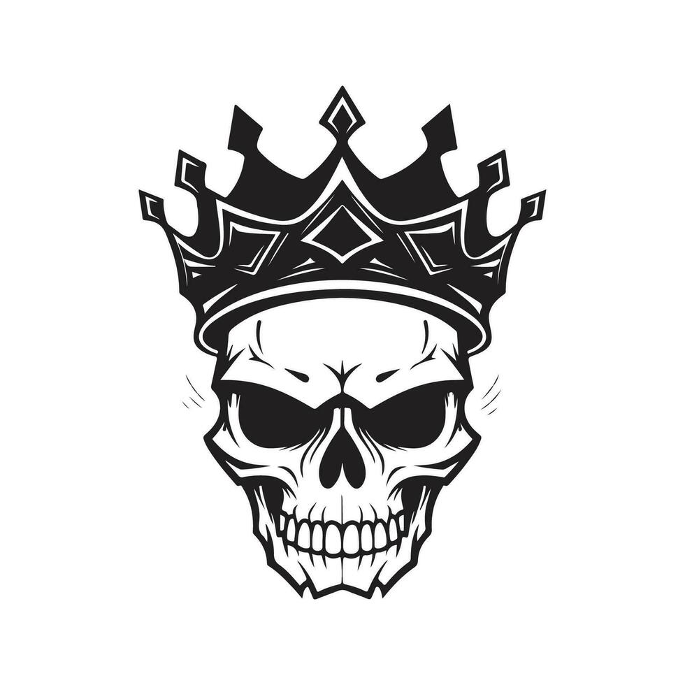Schädel Kopf mit Krone, Jahrgang Logo Linie Kunst Konzept schwarz und Weiß Farbe, Hand gezeichnet Illustration vektor