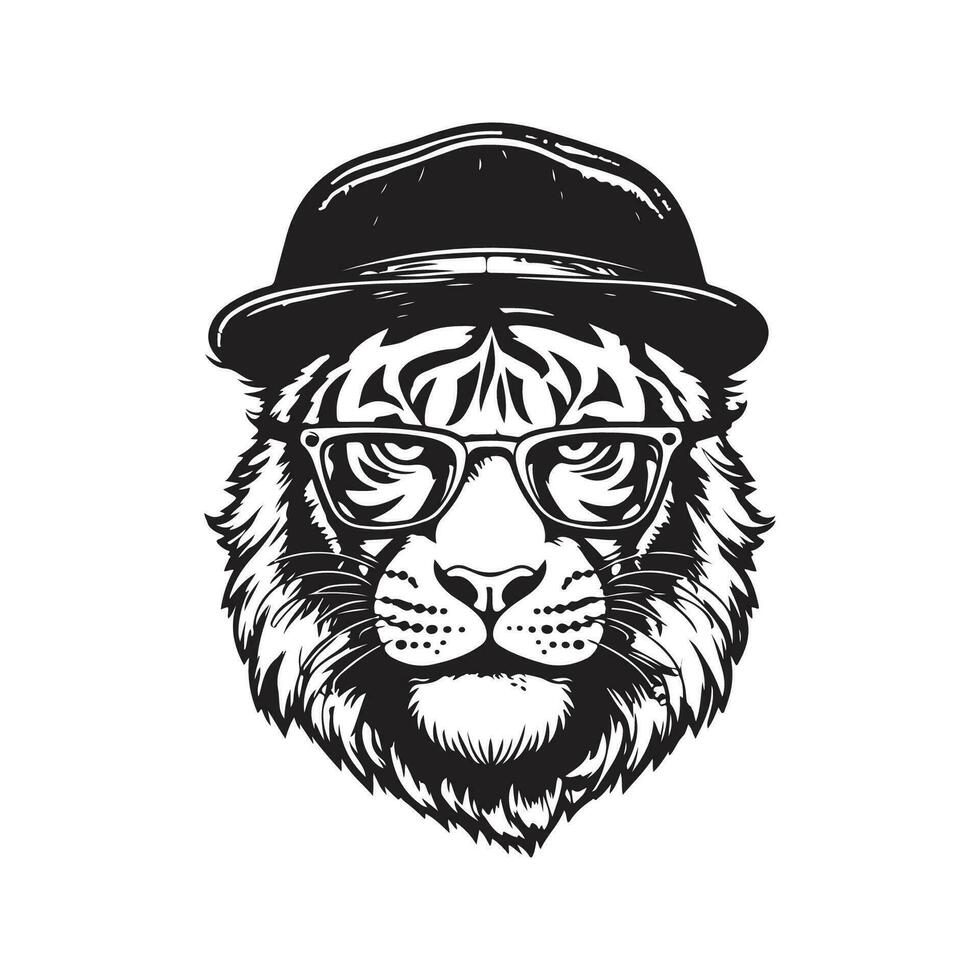 tiger bär glasögon och keps, årgång logotyp linje konst begrepp svart och vit Färg, hand dragen illustration vektor
