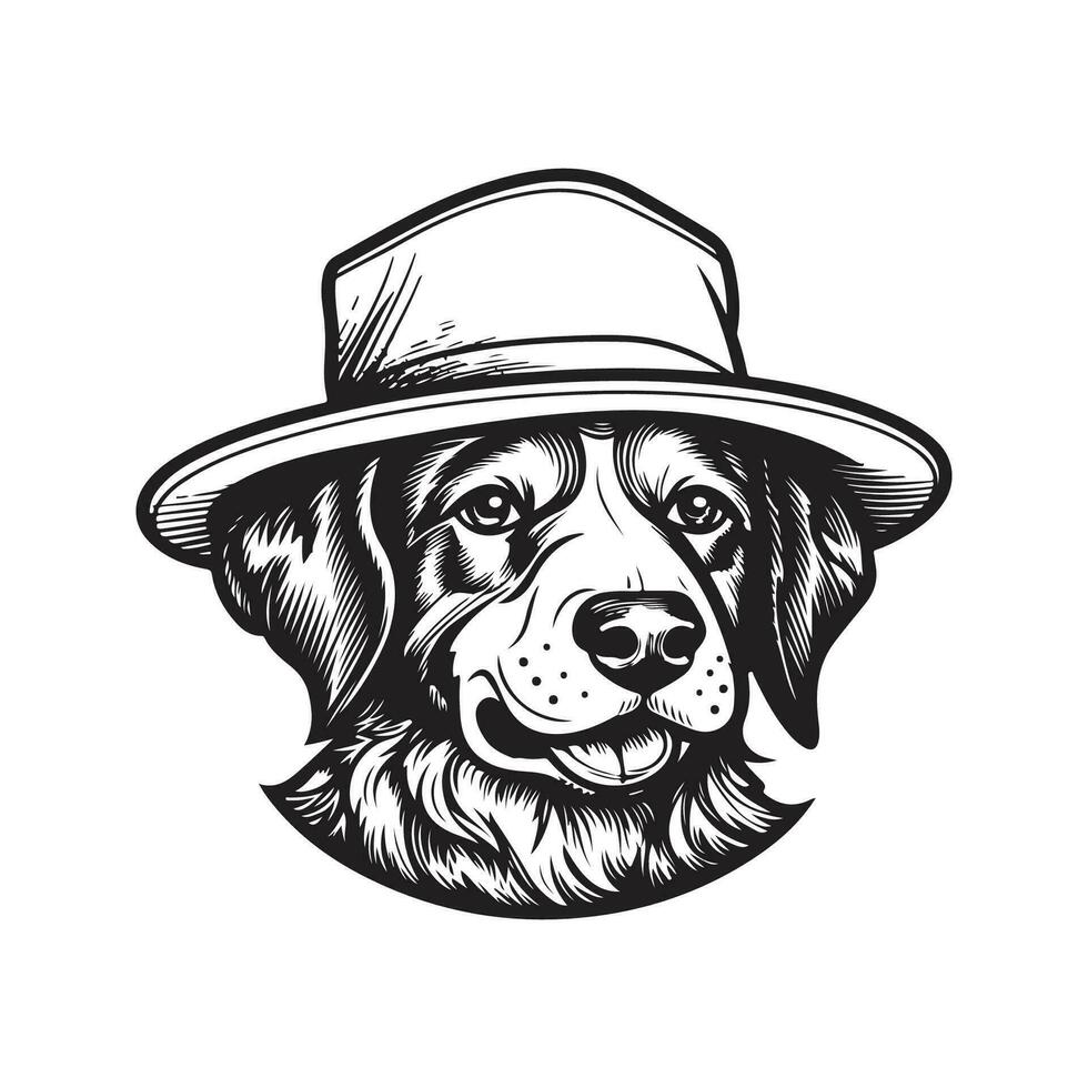 Hund tragen Eimer Hut, Jahrgang Logo Linie Kunst Konzept schwarz und Weiß Farbe, Hand gezeichnet Illustration vektor