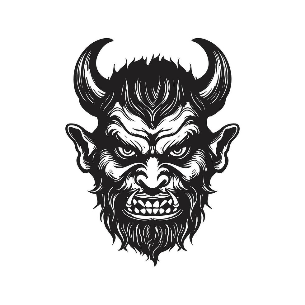 demon ansikte, årgång logotyp linje konst begrepp svart och vit Färg, hand dragen illustration vektor