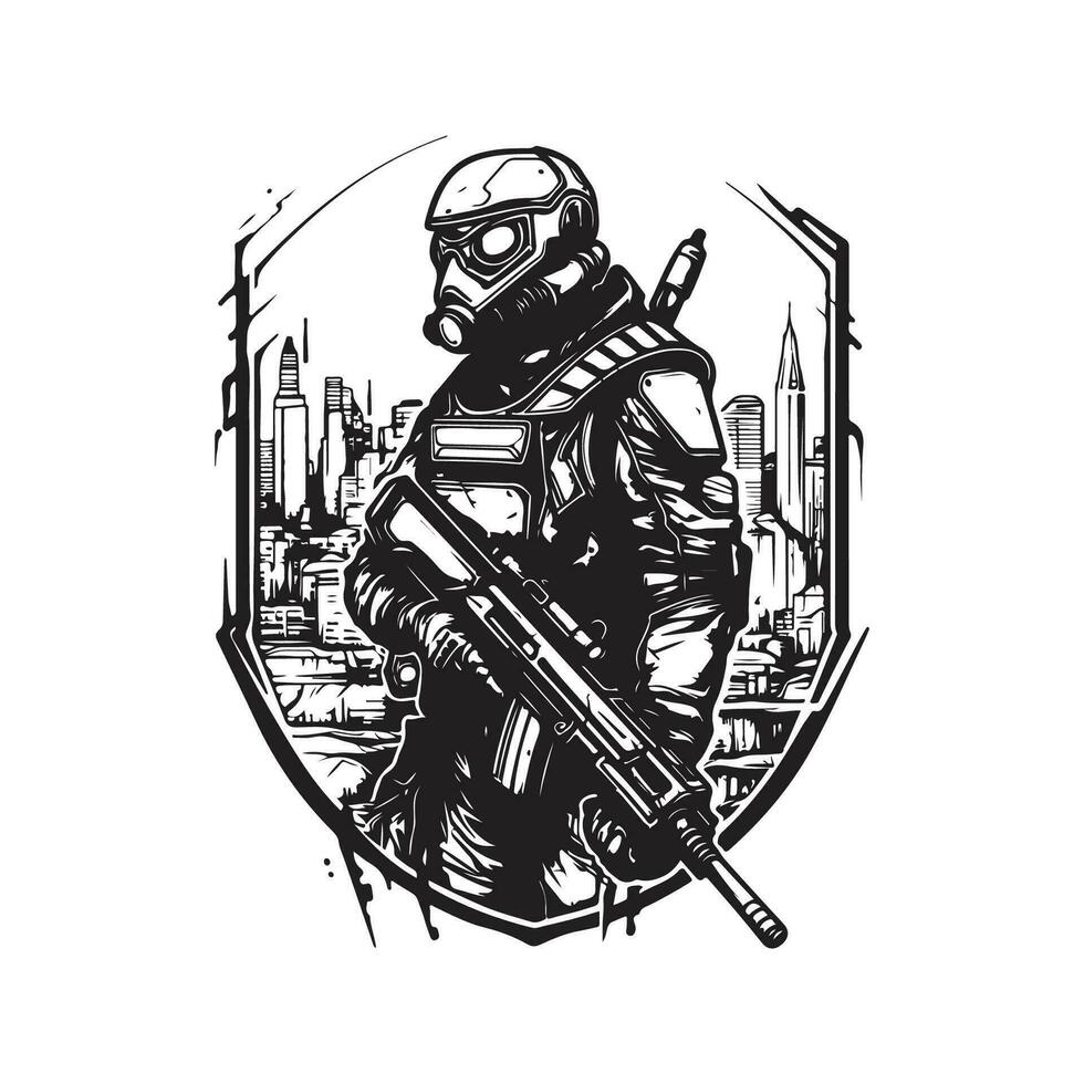 cyberpunk soldat stad krigföring, årgång logotyp linje konst begrepp svart och vit Färg, hand dragen illustration vektor