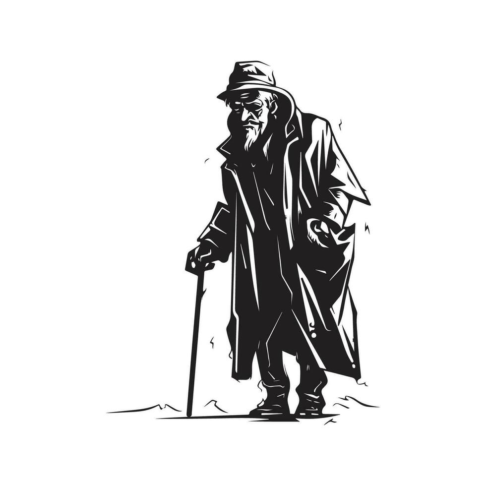 sjuklig gammal man, årgång logotyp linje konst begrepp svart och vit Färg, hand dragen illustration vektor