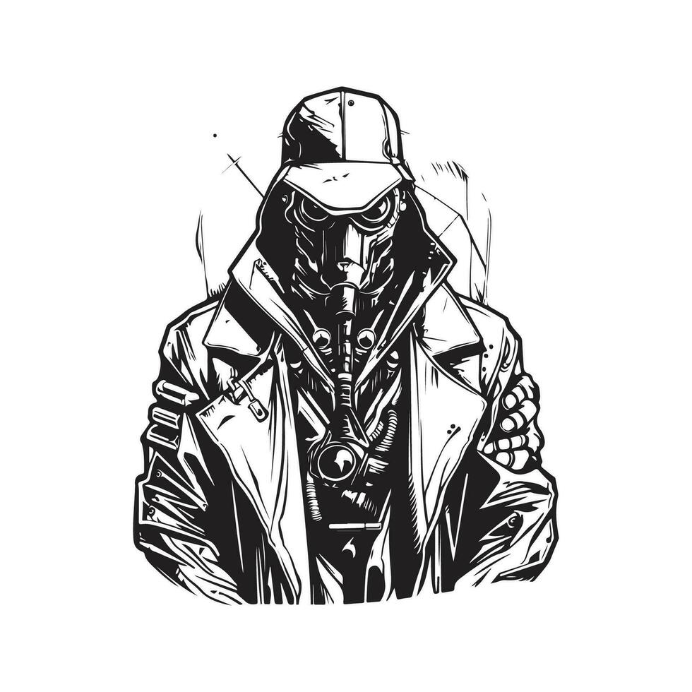 vetenskap fiktion cyberpunk gangster, årgång logotyp linje konst begrepp svart och vit Färg, hand dragen illustration vektor