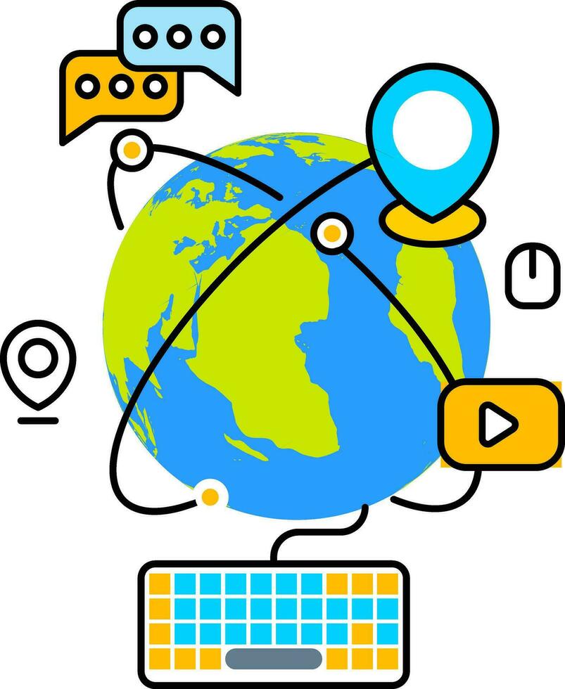 Illustration von Tastatur in Verbindung gebracht Erde Planet mit Sozial Medien App mögen wie Ort suchen, Nachricht, Video abspielen Symbol zum global Vernetzung oder Verbindung. vektor