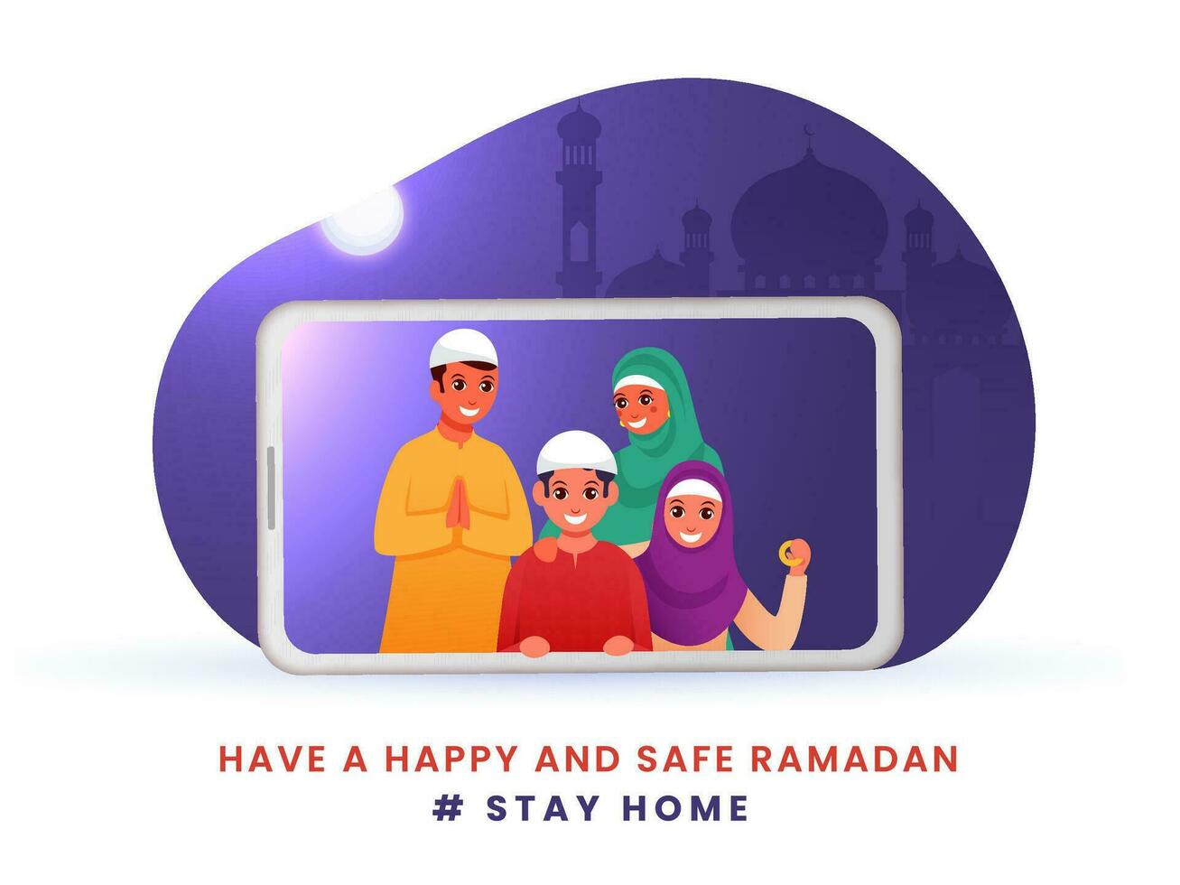 glücklich Muslim Familie auf Smartphone Bildschirm mit Silhouette Moschee zum Ramadan Festival, bleibe beim Zuhause zu verhindern von COVID-19. vektor