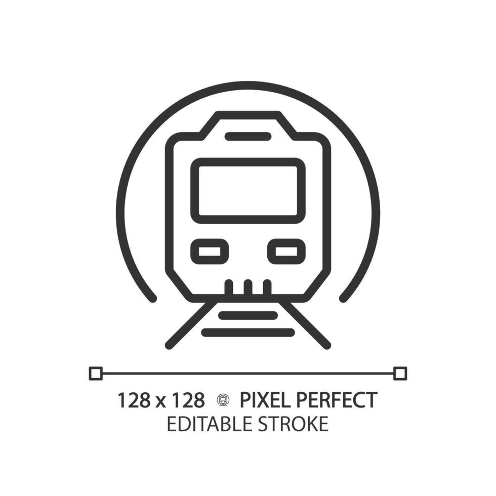 Metro Zug Pixel perfekt linear Symbol. U-Bahn Bahnhof. unter Tage Transit. Tunnel Eisenbahn. Vorort- Schiene System. dünn Linie Illustration. Kontur Symbol. Vektor Gliederung Zeichnung. editierbar Schlaganfall