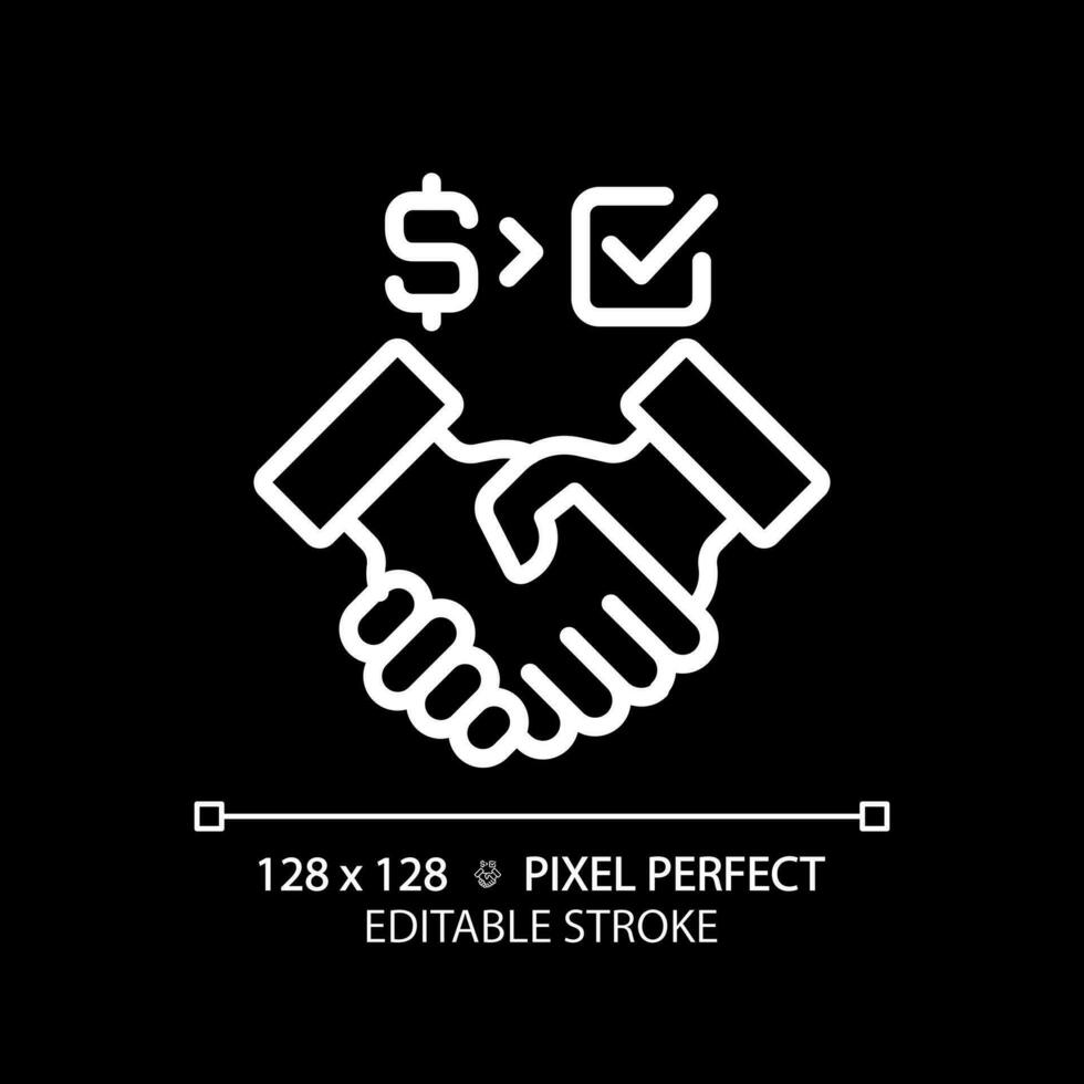2d Pixel perfekt Weiß linear Symbol von Menschen Händeschütteln mit Dollar und Häkchen Zeichen, isoliert Vektor Illustration von Partnerschaft zum dunkel Modus.