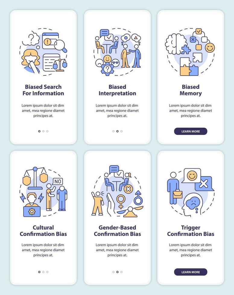 Bekräftelse partiskhet i psykologi onboarding mobil app skärm uppsättning. genomgång 3 steg redigerbar grafisk instruktioner med linjär begrepp. ui, ux, gui mall vektor