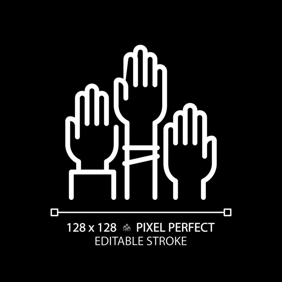 2d Pixel perfekt Weiß linear Symbol von Menschen mit Hände angehoben Darstellen Wählen, isoliert Vektor Illustration zum dunkel Modus, editierbar Wähler Symbol.