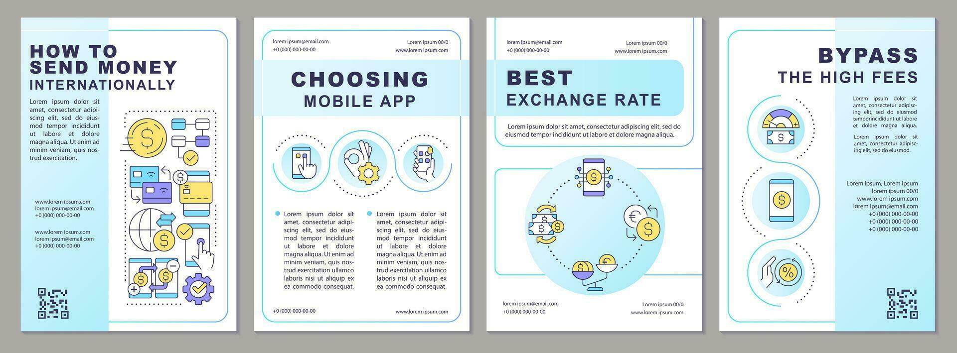 International Bank Transfer Tipps Broschüre Vorlage. online Zahlungen. Flugblatt Design mit linear Symbole. editierbar 4 Vektor Layouts zum Präsentation, jährlich Berichte