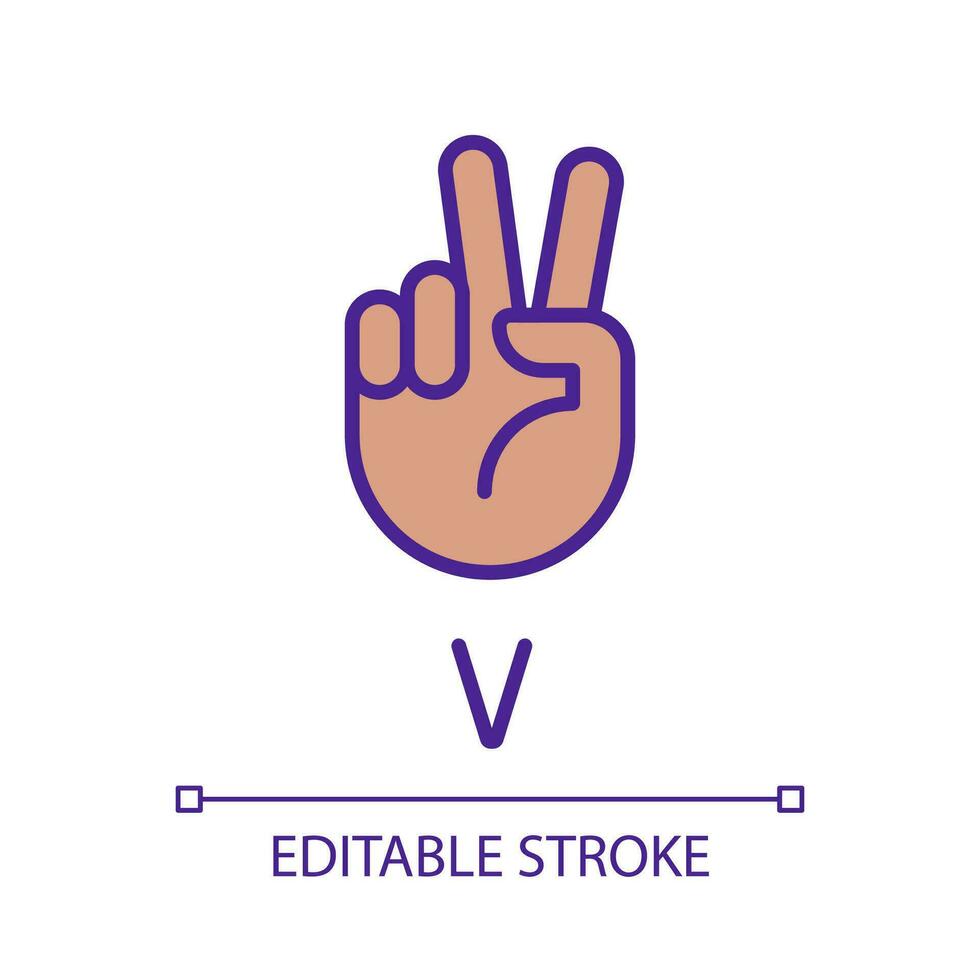 Brief v im asl System Pixel perfekt rgb Farbe Symbol. Klang Visualisierung durch Gesten. Kommunikation. isoliert Vektor Illustration. einfach gefüllt Linie Zeichnung. editierbar Schlaganfall