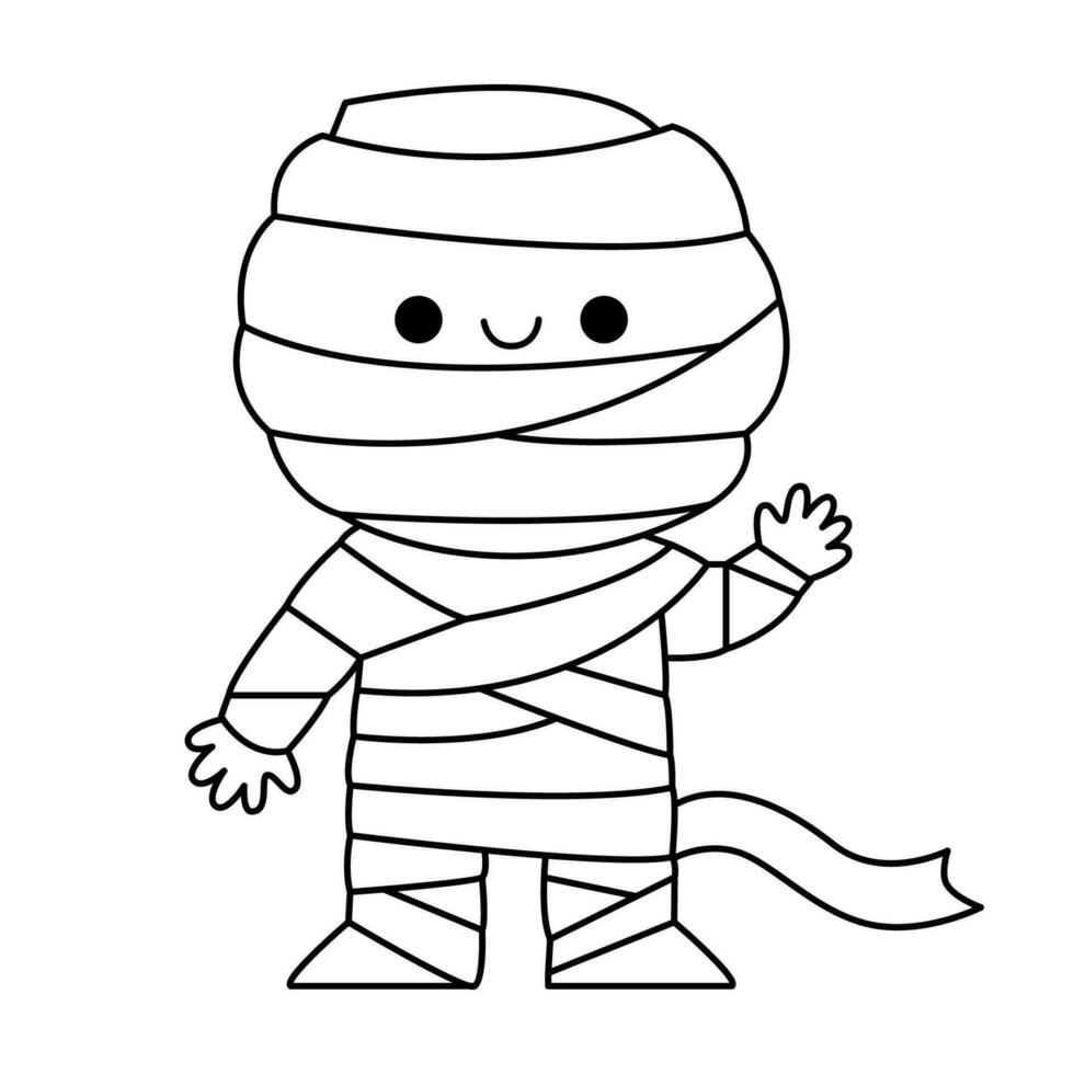 Vektor schwarz und Weiß kawaii Mumie. süß lächelnd Halloween Linie Charakter zum Kinder. komisch Herbst alle Heilige Tag Karikatur Illustration mit Junge winken seine Hand. Samhain Party Färbung Seite