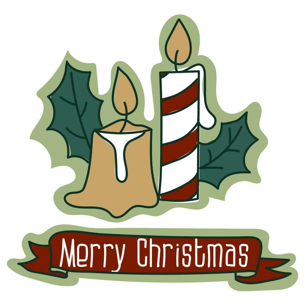 en vykort med jul ljus, mistel löv och en hälsning band, en traditionell jul vektor illustration. en vykort för de Semester i retro stil. tecknad serie objekt