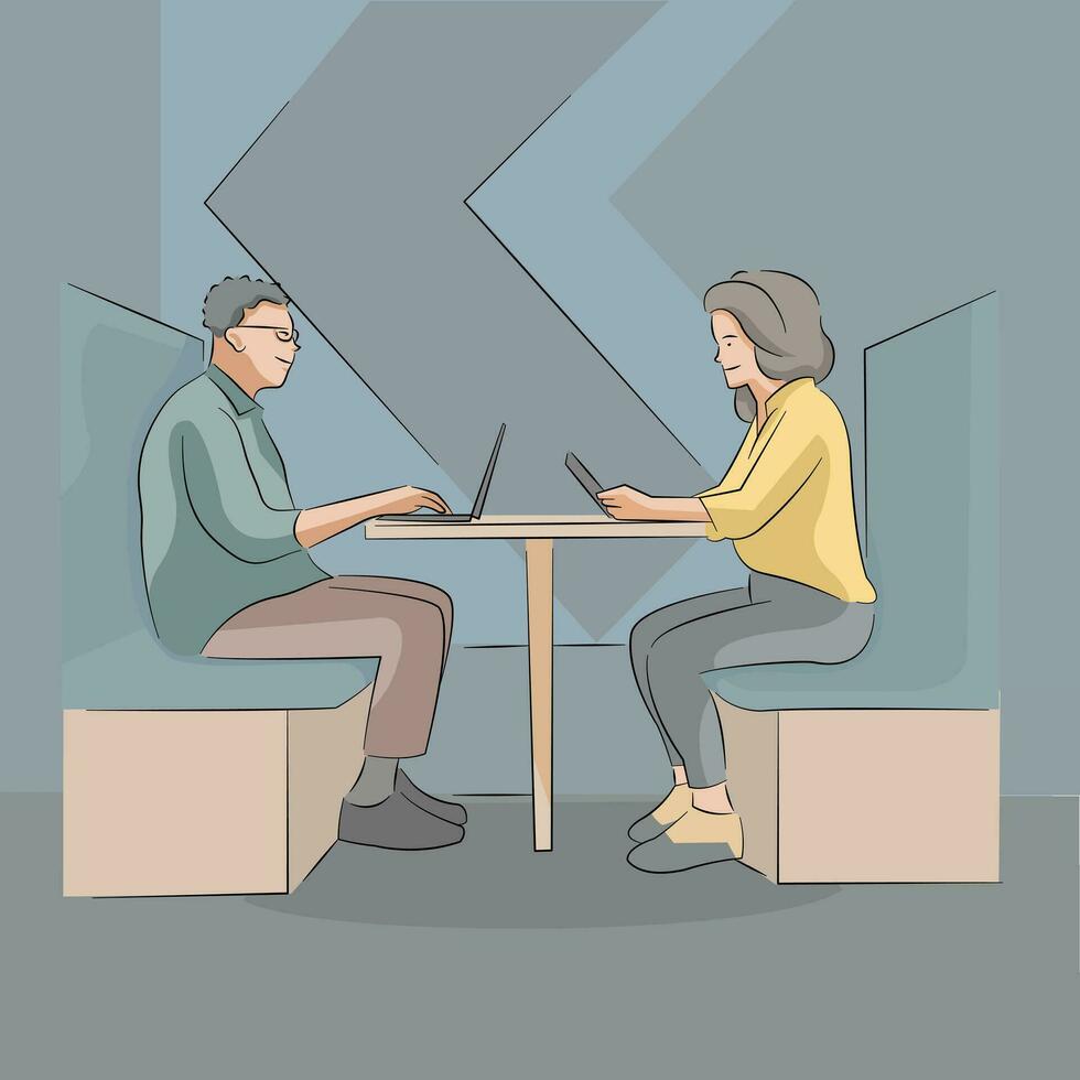 Mann und Frau Sitzung zusammen Arbeiten zusammen Gesicht zu Gesicht vektor