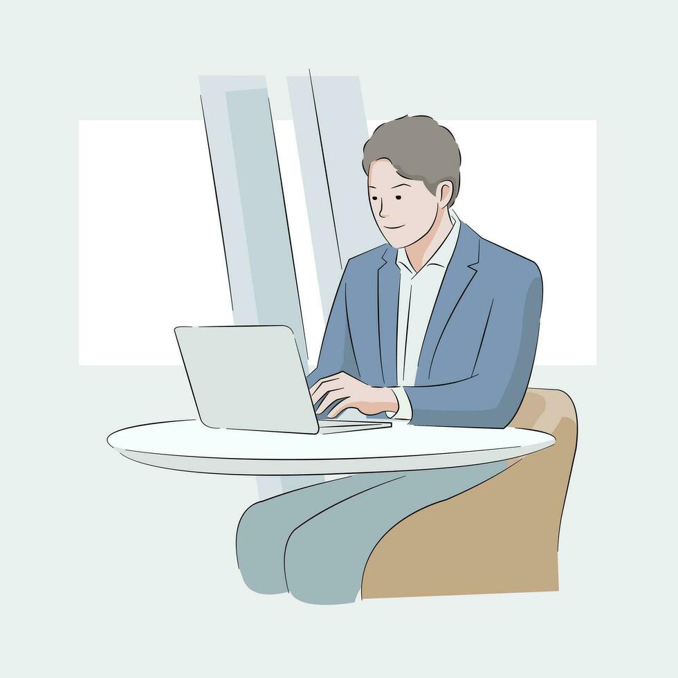 Mann Arbeiten Fokus mit seine Laptop im Kaffee Tabelle lächelnd genießen vektor