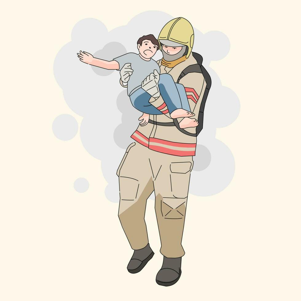 Feuerwehrmann Rettung Kinder von Hitze Feuer Rauch vektor