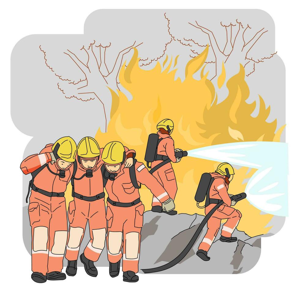 brandmän påfrestande till sätta ut skog brand löpeld rasa brinnande vektor