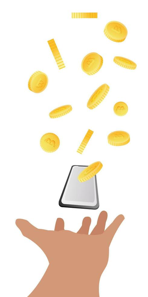 crypto mynt släppa i en smartphone, kryptovaluta överföra, betalning via en smartphone, illustratör för begrepp vektor eps-10