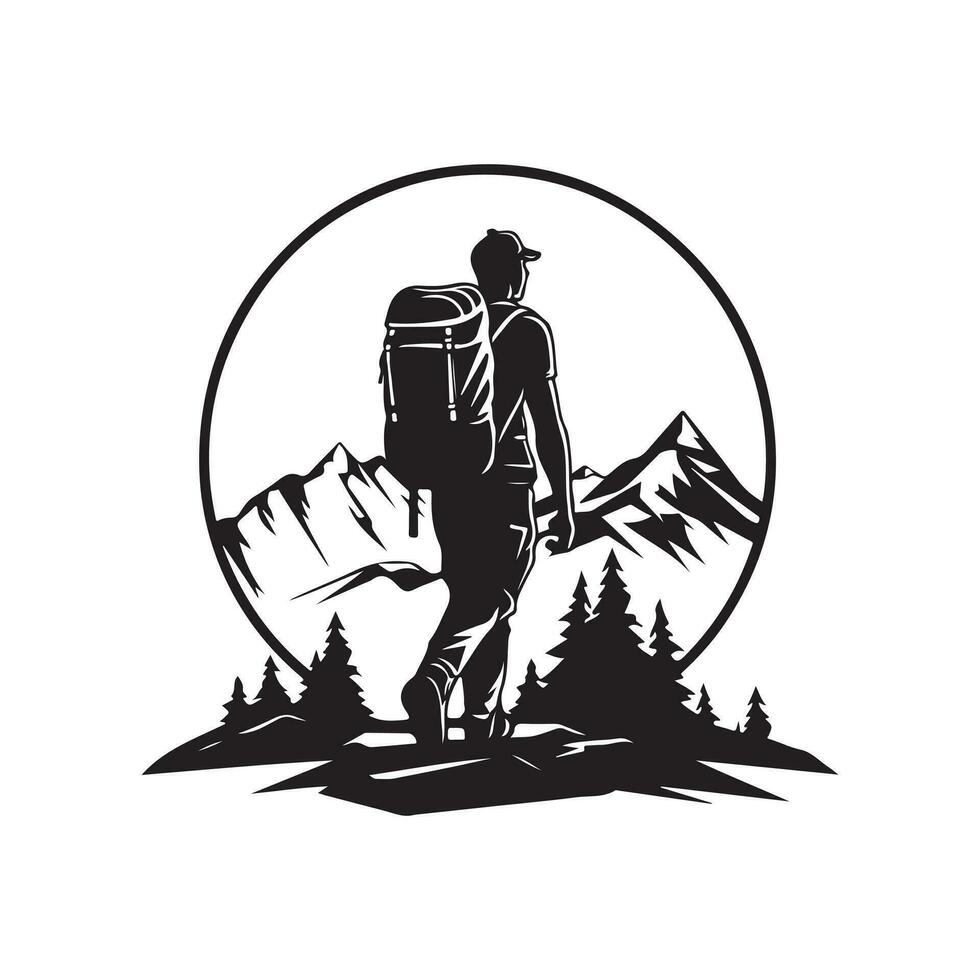 Backpacker schwarz und Weiß Vektor Logo