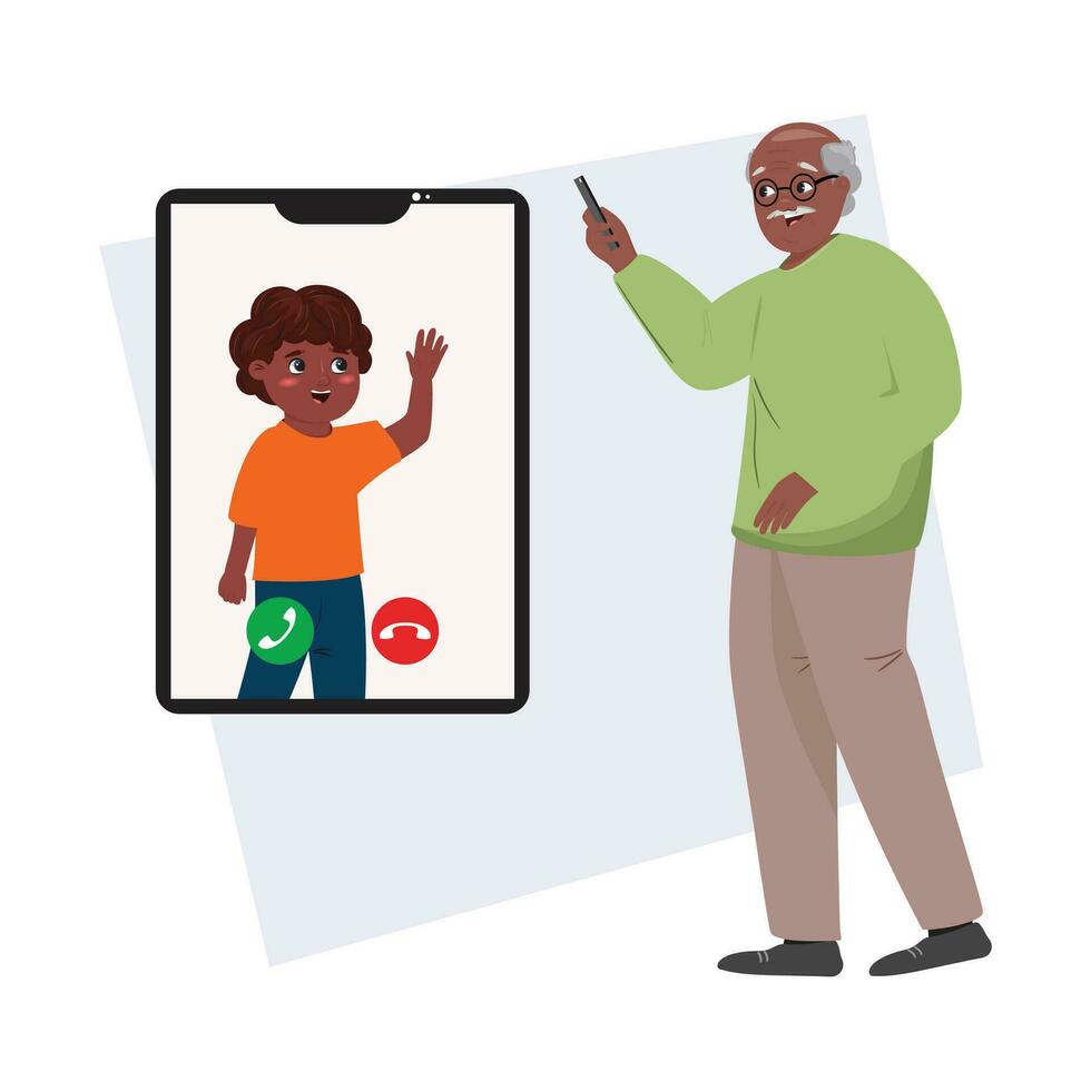 tecknad serie illustration av en Lycklig svart farfar har en video ring upp med hans barnbarn. Lycklig familj, flera generationer, mångkulturell, mångfald, kommunikation begrepp vektor illustration
