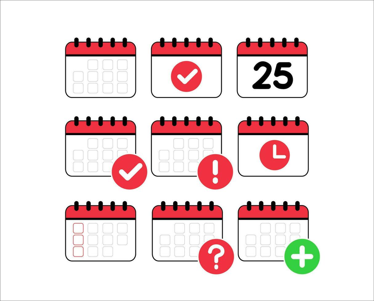 kalander uppsättning ikon. röd ikon kalender. kalender symboler mallar. tid förvaltning tecken vektor