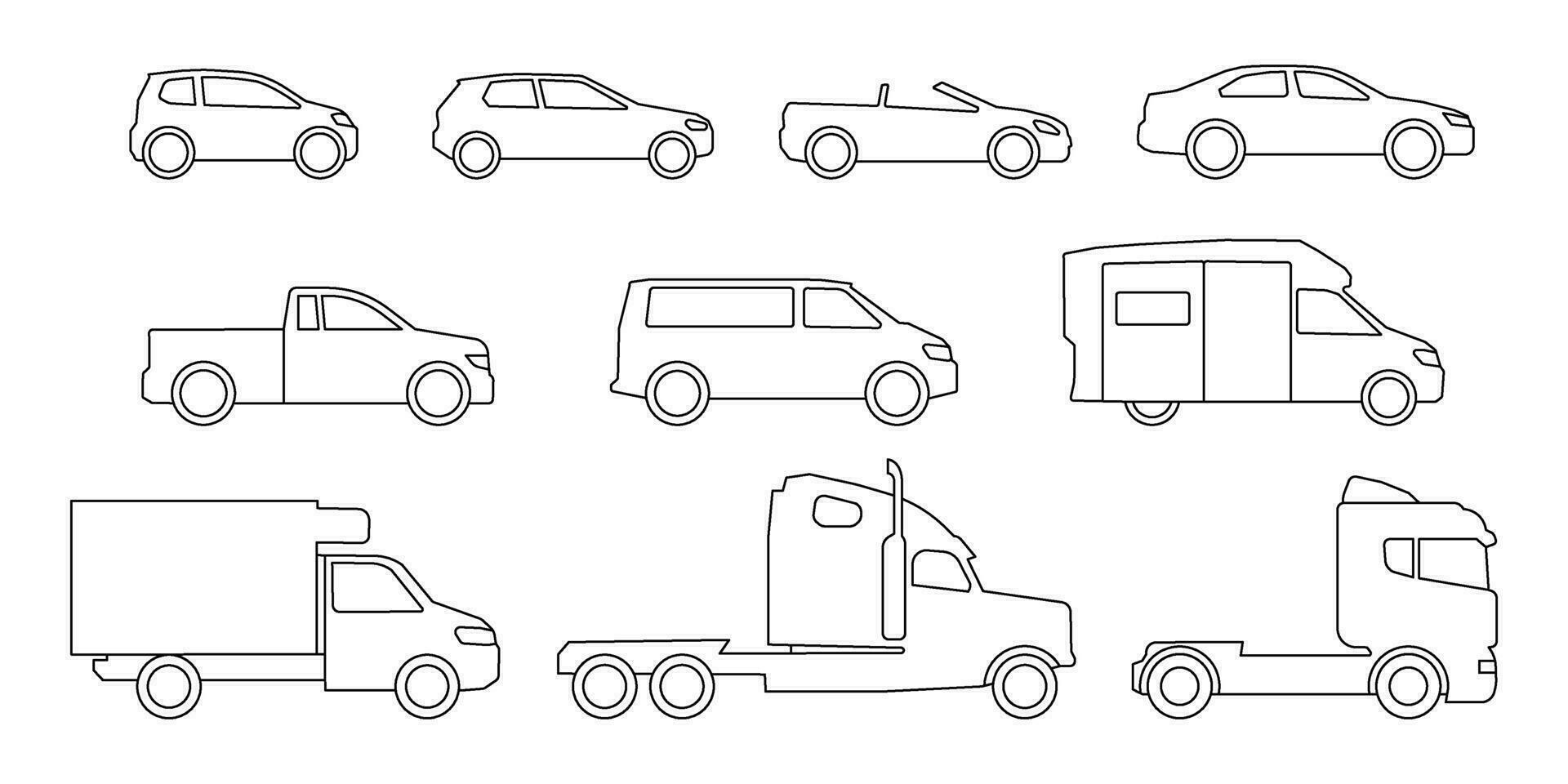 bilar och lastbilar modell linje ikoner uppsättning. egen passagerare transport, bil för leverans och logistisk lastbil. sändning service, frakt transport, bil för resa. vektor tecken översikt illustration