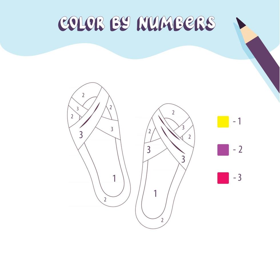 målarbok med söta sandaler. färg efter siffror. pedagogiskt barnspel, rita barnaktivitet, utskrivbart kalkylblad. vektor