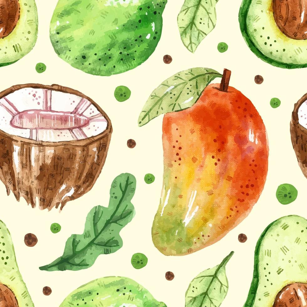 mangokokos avokado lime blad akvarell sömlös mönster konsistens tropisk sommar illustration förpackning design omslagspapper lätt att ändra bakgrund vektor