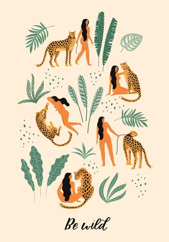 Vara vild. Vektor illustrationer av kvinna med leopard och tropiska blad.